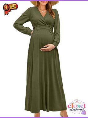 Women's Maternity Nursing Wrap Maxi Dress V Neck Long Sleeve Fall Baby Shower